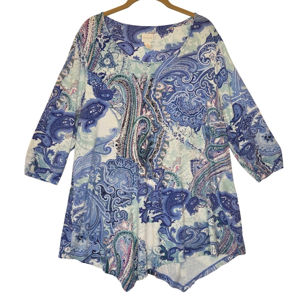 Chicos Size 3‎ Blue Green Paisley 3/4 Sleeve Sharkbite Hem Tunic Top XL XXL